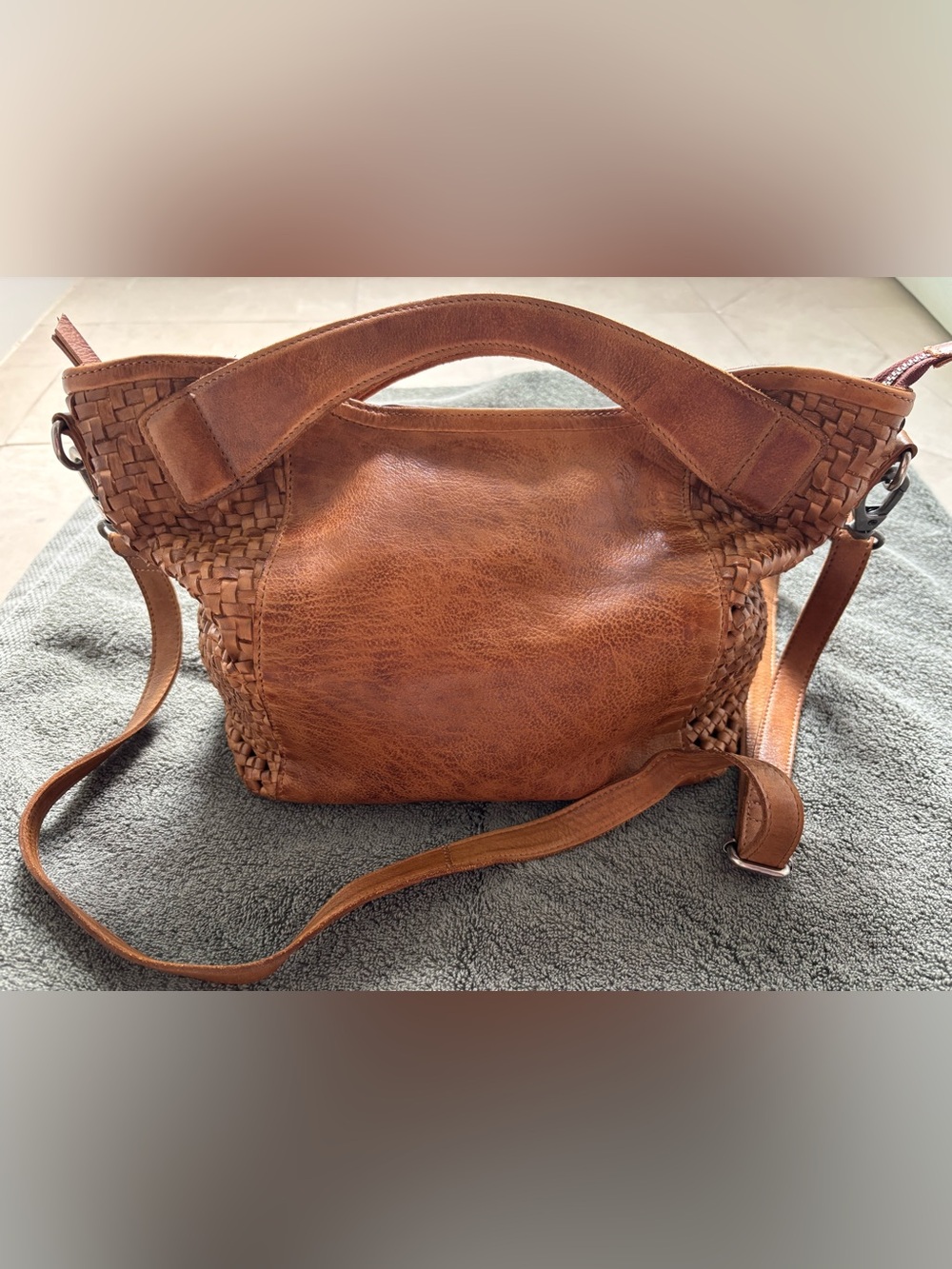Latico Leathers Theo Woven Leather Crossbody/Shoulder bag in Cognac